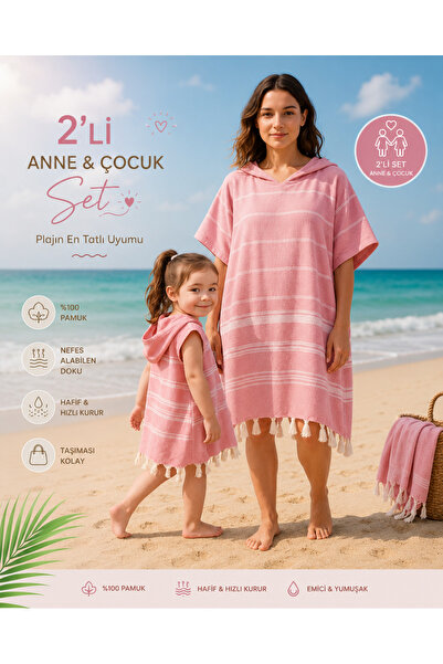 pınars Anne Çocuk 2li Set Bornoz Panço %100 Pamuk Plaj Havlusu Peştemal Pembe...