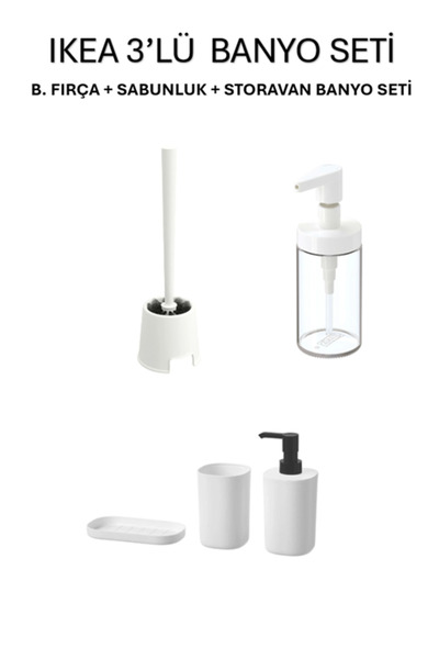 IKEA 3-Piece Bathroom Set White Toilet Brush + Storavan Bathroom Set + Soap D...