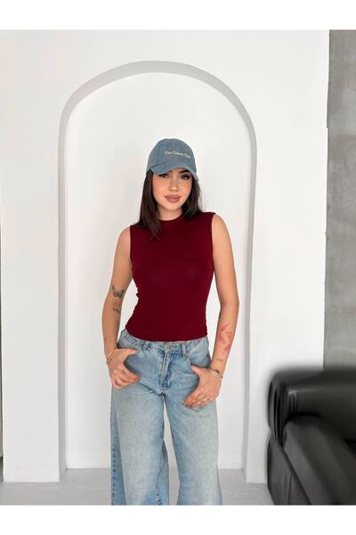 HELMİRA Kadın Bordo Balıkçı Yaka Esnek Likralı kumaş Sıfır Kol Body Bluz