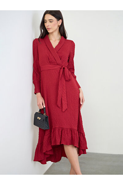 Styli Red Ruffle Hem Wrap Midi Dress