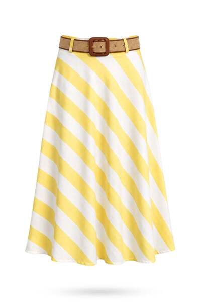 5in1Canpolat Yellow Belted Striped Midi Skirt 18424