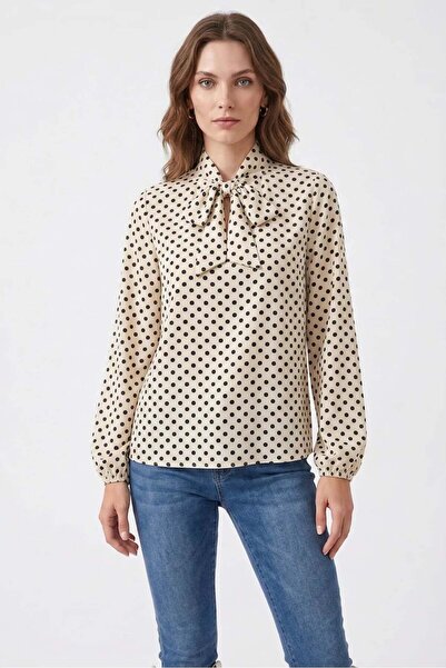 Generic Brand Women's Scarf Collar Polka Dot Ecru Blouse