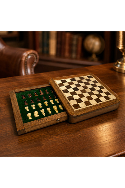 hediyeconcepti Wooden Chess Set with Drawers – Decorative Mini Chess Set