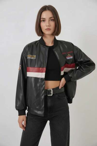ALFA AKSESUAR 03 Women's Bomber Collar Printed Black Jacket