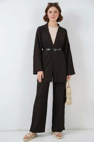 ALFA AKSESUAR 03 Women's V-Neck High Waist Belted Brown Double Suit