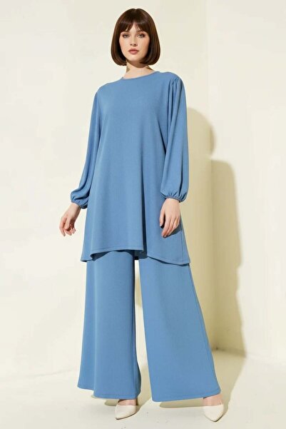 ALFA AKSESUAR 03 Women's Round Neck Balloon Sleeve Indigo Set