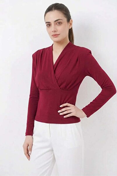 Generic Brand Women's Double-Breasted Collar Shoulder Padded Burgundy Blouse