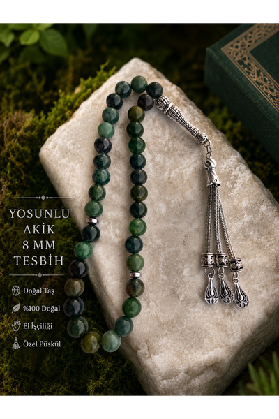 OSMANLI DEĞERLİ TAŞ Babalar günü Yosunlu Akik tesbih 33 lük 8 mm
