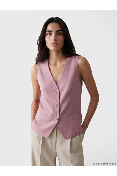 LC Waikiki Pink V-Neck Linen Blend Women's Classic Vest
