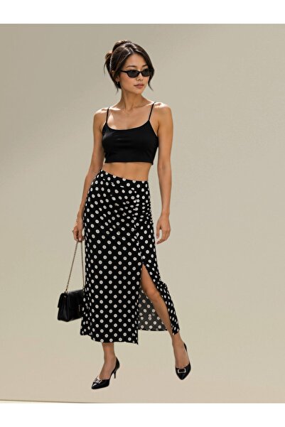 Freeista Black Slit Polka Dot Skirt