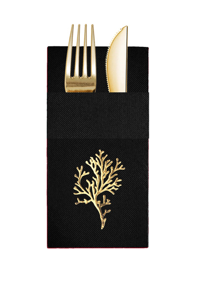 Story 40X40 cm Gold Foil Seaweed Marine Patterned Black Color Paper Napkins w...