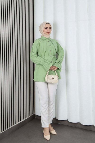 HNT Hayrunnisa Tesettür Butterfly Stone Button Detailed Lace-Up Tunic Green Hnt2126