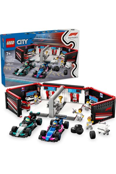 LEGO مجموعة سيارات سباق فورمولا 1 من سيتي إف 1 جاراج ومرسيدس-إيه إم جي وألباي...