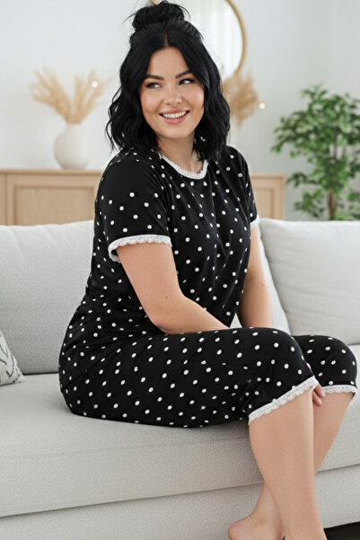 Siyah İnci Set de pijamale Capri tricotate din bumbac cu model, mărime mare, ...