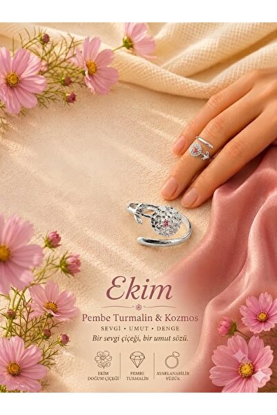 Gümüşistan 925 Ayar Gümüş Ekim Ayı Pembe Turmalin Doğum Çiçeği Yüzüğü