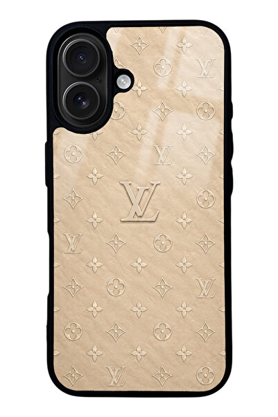 Spoyi iPhone 16 Bej Gold LV Tasarımlı Glossy Telefon Kılıfı