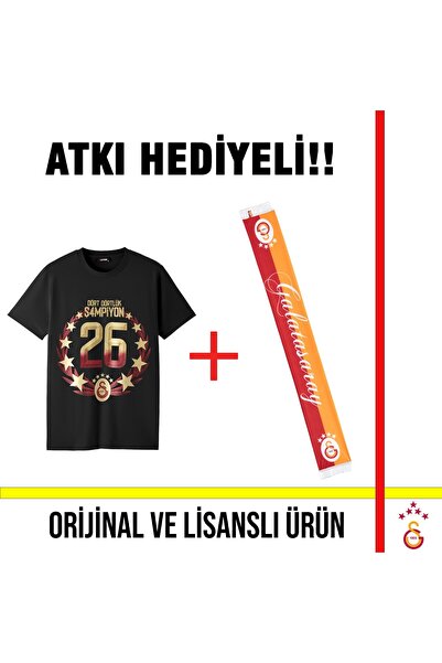 Galatasaray Lisanslı 2026 Şampiyonluğu Siyah Tişört ve El Yazılı Atkı