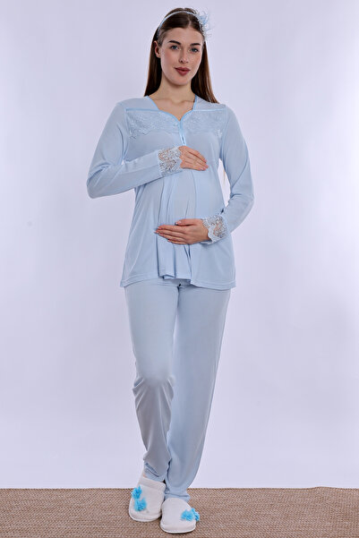 ByLohusa Adjustable Waist Elastic Cotton Maternity Pajama Set Effortt - Blue