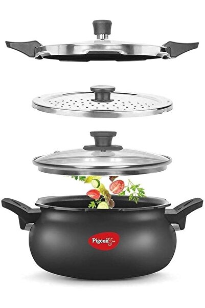 Pigeon All-in-One Ceramic Cooker with Super Outer Lid, 5 Liters, Black/Transp...