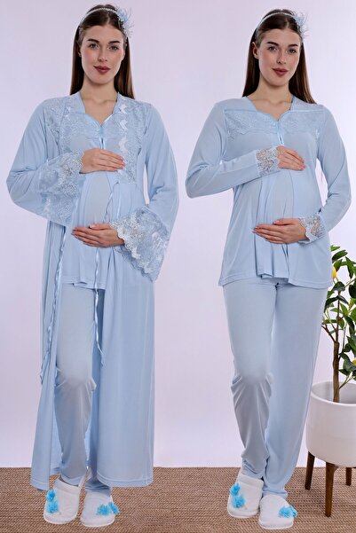 ByLohusa Cotton Long Robe Maternity Nursing Pajama Set Effortt - Blue