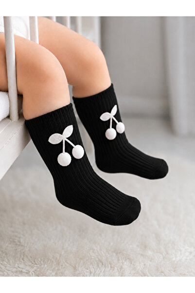 ÖZKARDEŞLER BABY Baby and Children's Knee-High Socks Pom-Pom Cherry Black