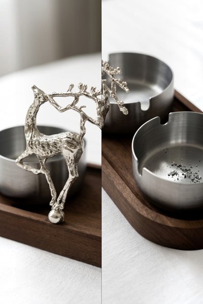 GO BLOBS Ashtray Wooden Presentation Stand Luxury Deer Stand Silver Metal Double Decorative Ashtray Silver