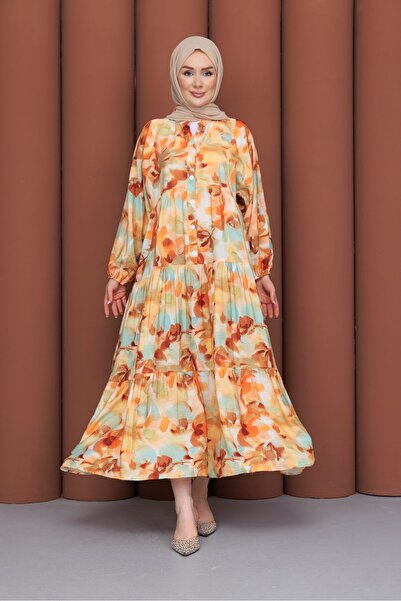 PAVENTİ Modal Dress Branched Yellow