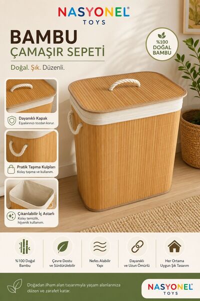 NASYONEL TOYS Bambu Kirli Çamaşır Sepeti Dikdörtgen Katlanabilir