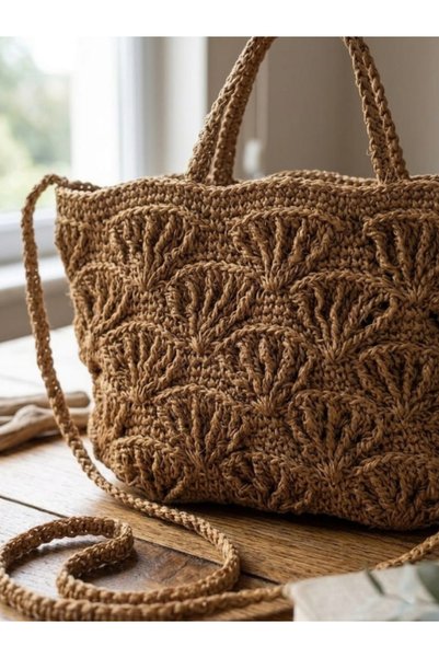 MONJER Women's Tan Color Paper Thread Hand Knitted Shoulder and Hand Bag (Medium Size)