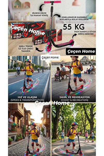ÇEÇEN HOME Çocuk Işıklı 2 Teker Scooter 5+ Yaş Üzeri 55 Kg Kapasiteli 2 Teker...