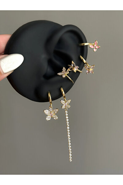 h&b design jewel Çelik Kelebekli Çift Earcufflı 6 Lı Küpe Seti
