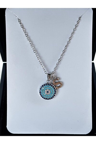 bijoux uniques Nazar boncuğu detaylı S harfli çelik kolye