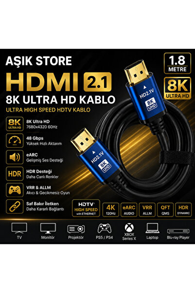 AŞIK STORE HDMI 2.1 Kablo 1.8 Metre 8K Ultra HD 48Gbps eARC HDR VRR 4K 120Hz ...