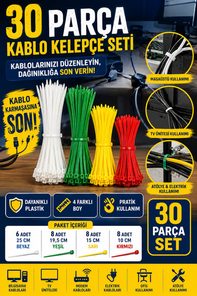 Hane Dostu 30 Parça Plastik Kablo Kelepçe Seti Kablo Düzenleyici Bağlama Cırt...