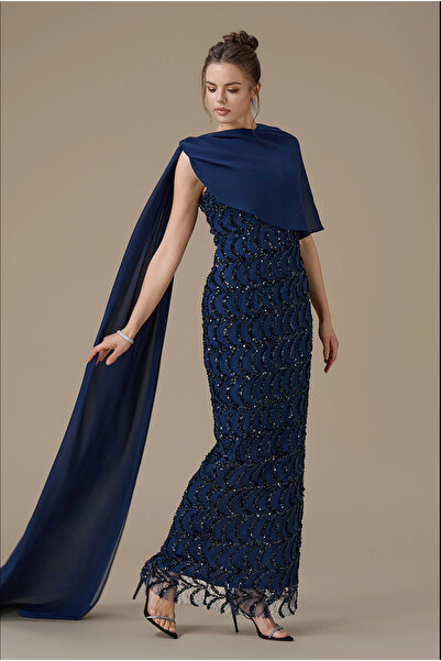 mivora Navy Blue Long Dress with Chiffon Cape