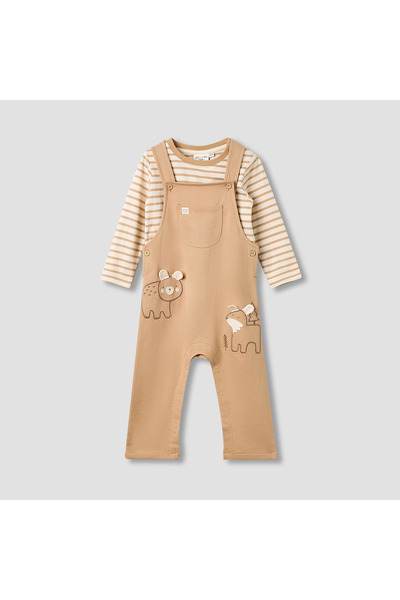 Juniors Boys T-shirt and Dungaree Set with Embroidery - Cotton - Long Sleeves...