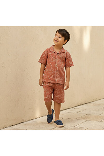 ELIGO Camp Collar Short Sleeves Shirt and Shorts Set with Floral Print