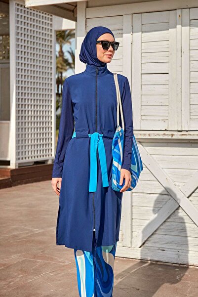 Marina Swimwear Parachute Fabric Navy Blue Full Covered Hijab Swimsuit - 4-Pi...