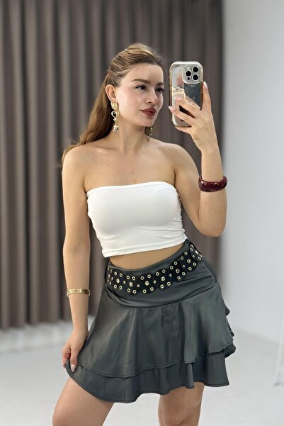 Raneel Kazançlı Alışveriş Women's Stylish Belted Satin Ruffle Skirt Anthracite