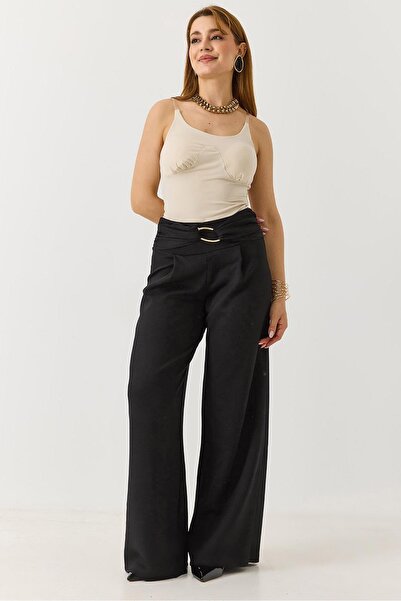 Raneel Kazançlı Alışveriş Women's Gold Buckle Casual Modal Trousers Black