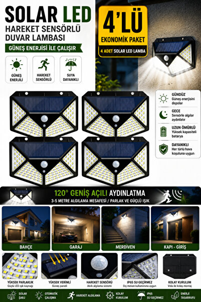 VİVVOV 4'lü Solar 100 ledli Hareket Sensörlü Güneş Enerjili IP65 Bahçe Aydınl...