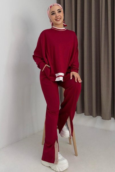 Raneel Kazançlı Alışveriş Women's Elastic Waist Draped Model Oversize Tracksuit Set Red