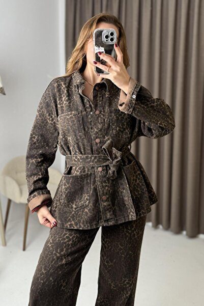 Raneel Kazançlı Alışveriş Women's leopard print belted stylish denim jacket