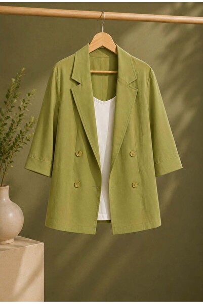 Raneel Kazançlı Alışveriş Kadın Kruvaze Yaka Oversize Blazer Ceket Açık Haki