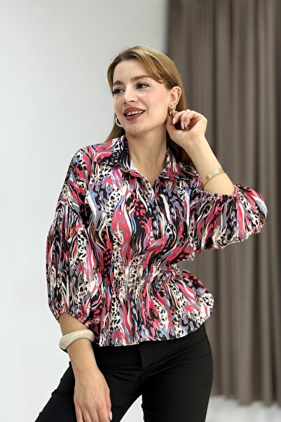 Raneel Kazançlı Alışveriş Women's Satin Elastic Waist Long Sleeve Shirt Red