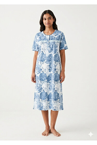 Noom Nightwear Short Nightgown 100% Cotton with Floral Print