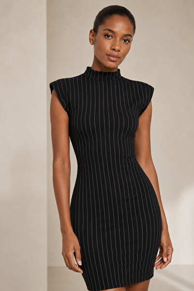 WOMAN VISION Striped Black Crepe Fabric High Neck Padded Mini Evening Dress 7...