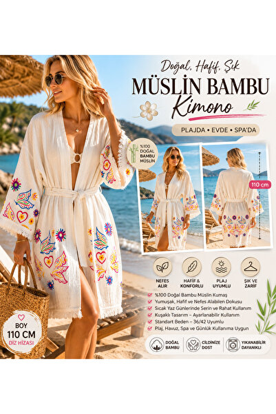 Store Müslin Bambu Kimono 110 cm | Nakış Detaylı Plaj ve Spa Kimonosu