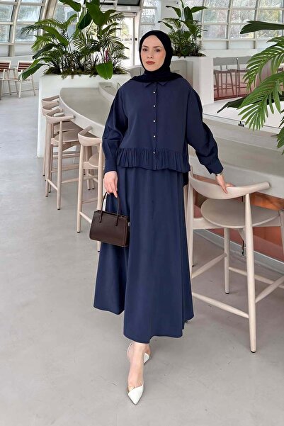 lamelif Gathered Detailed Skirt Suit in Navy Blue