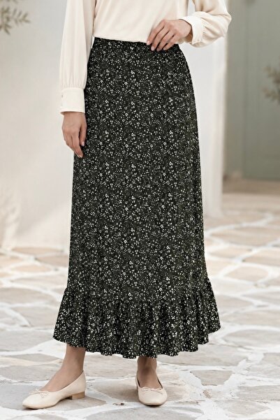 İmajButik Green Patterned Skirt with Elastic Waist and Ruffles at the Bottom